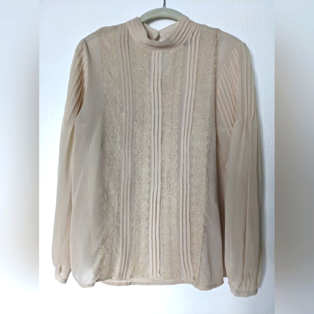 Banana Republic Beige High-Neck Pintuck Lace Blouse - Picture 2 of 7